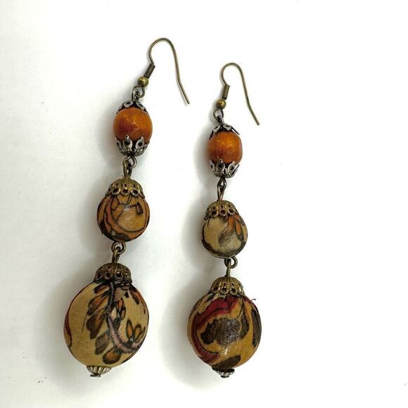 Orange and tan 3 tier ball dangling statement earrings - Picture 2 of 7